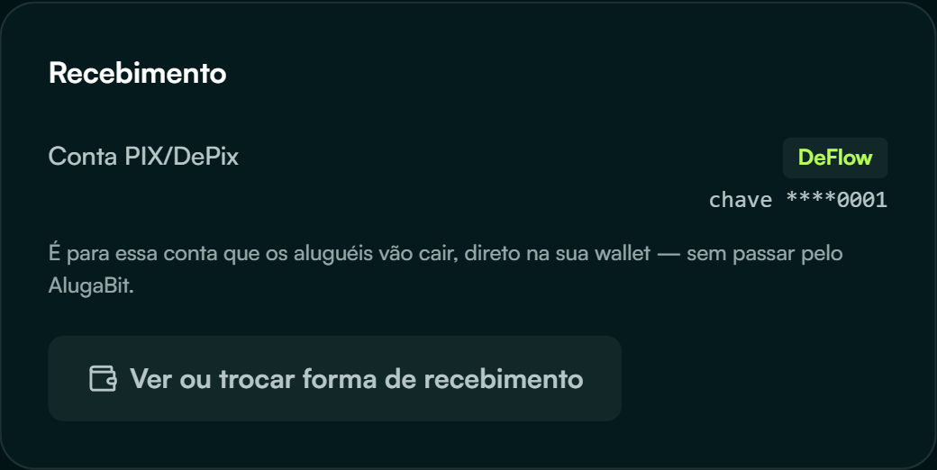 Tela de Conta no AlugaBit mostrando o cartão Recebimento com a conta PIX/DePix configurada na DeFlow, os quatro últimos caracteres da credencial e o botão Ver ou trocar forma de recebimento.