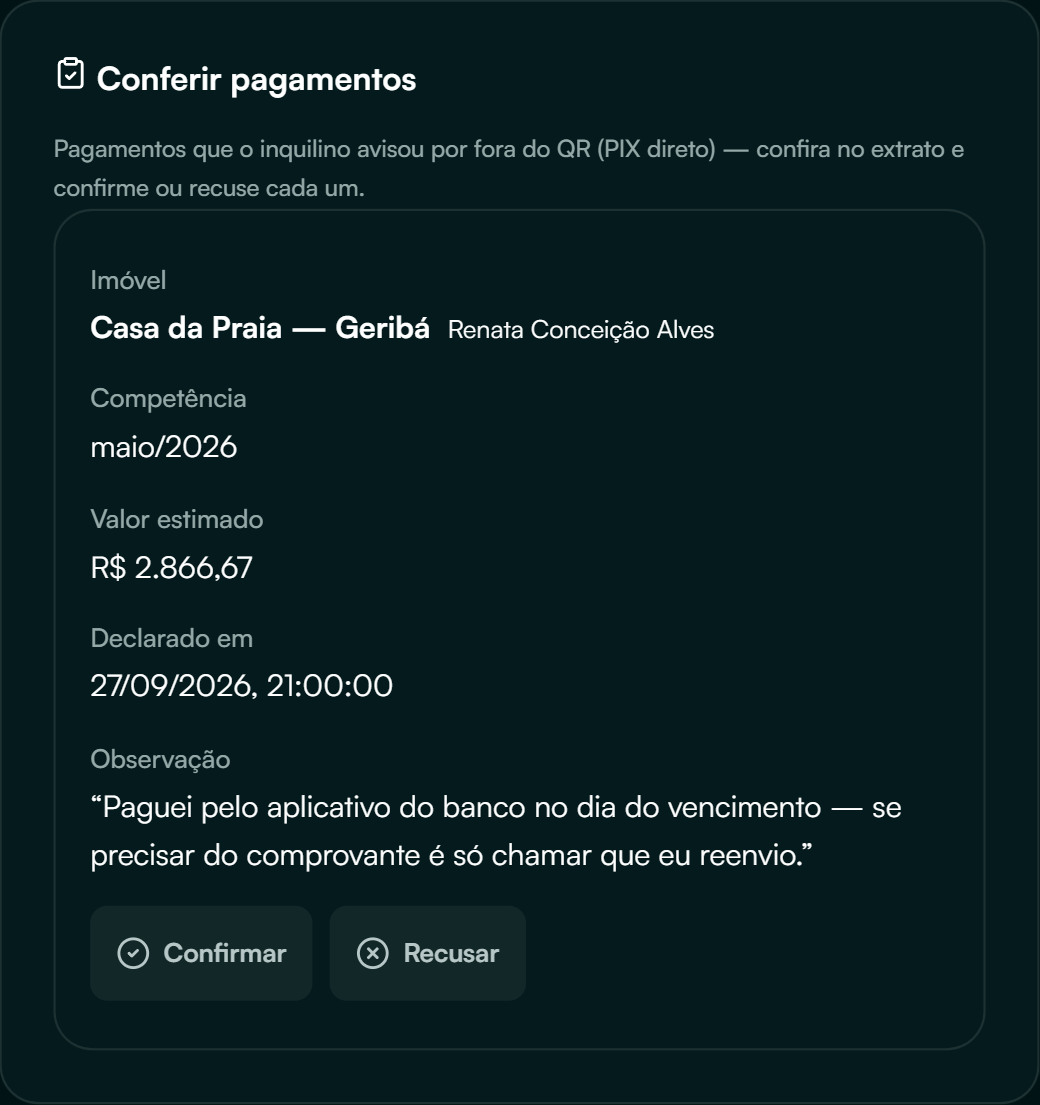 Quadro Conferir pagamentos no painel do proprietário: a cobrança da Casa da Praia — Geribá com o valor estimado, a data em que o inquilino declarou o pagamento, a observação que ele escreveu e os botões Confirmar e Recusar.